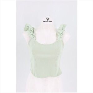 Anthropologie Women Size Medium Green Ruffle Strap Ribbed Crop Tank Top